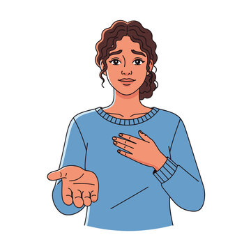 Woman begging for help, pleading gesture, hand outstretched, isolated on white