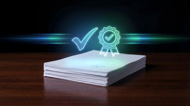 Certified Business Documents and Compliance Approval with Green Hologram Icons
