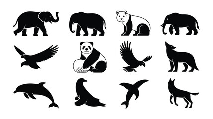 Obraz premium Black silhouettes of wild animals birds and marine life arranged in a grid featuring elephants pandas bears eagles wolves dolphins and seals in minimalist design