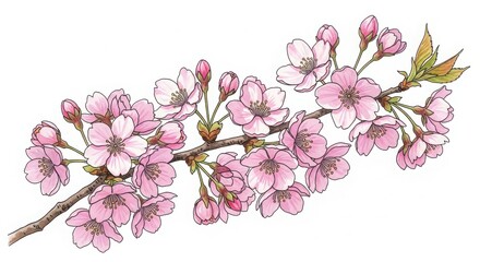 Fototapeta premium cherry blossom branch with pink flowers and buds on white background