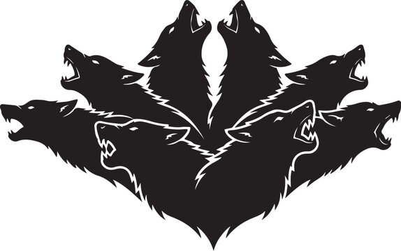 Mythical seven-headed wolf howling silhouette with mythical creature predator silhouette illustration aggressive strength geometric stylized powerful headcount