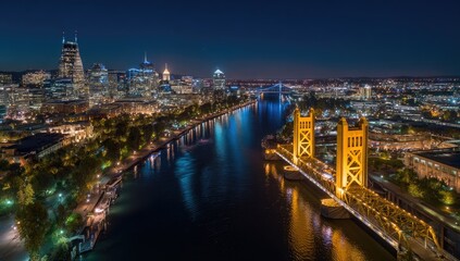 Obraz premium Illuminated riverfront cityscape with iconic bridge at twilight