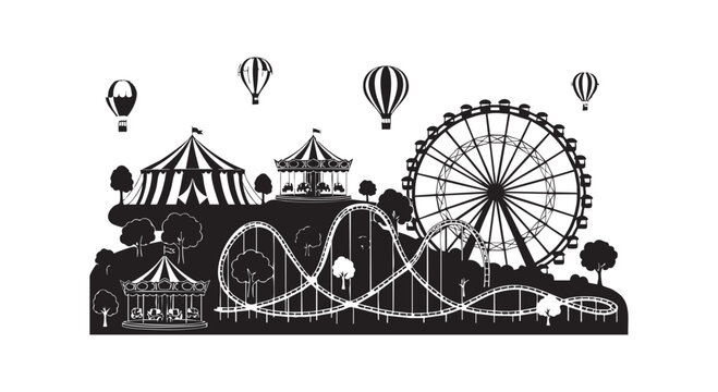 Silhouette amusement park with roller coaster Ferris wheel carousel and hot air balloons on a white background vector.
