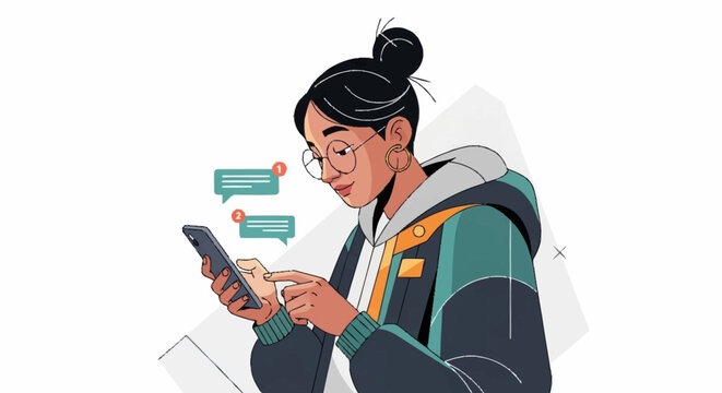 Woman engrossed in her smartphone, receiving messages with focused attention.