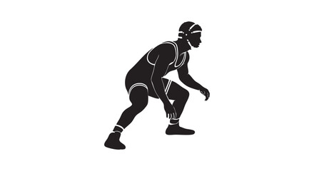 Fototapeta premium Silhouette of a male wrestler in a defensive stance, ready for competition, black and white illustration.