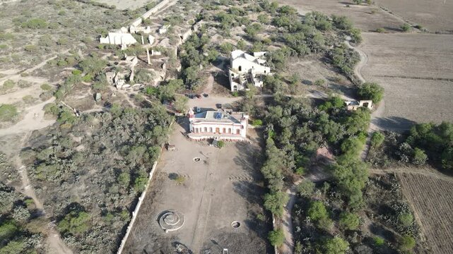 Mineral de Pozos Guanajuato vista a&eacute;rea desde dron .Old mining estates at Mineral de Pozos in Guanajuato, Mexico