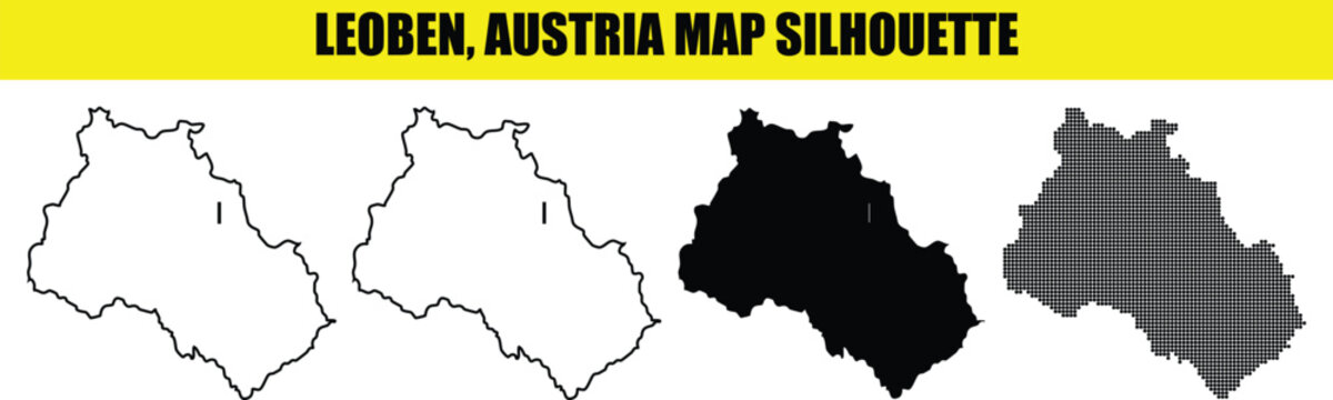 Leoben austria map silhouette with four variations including solid outline and dotted fill on transparent background.