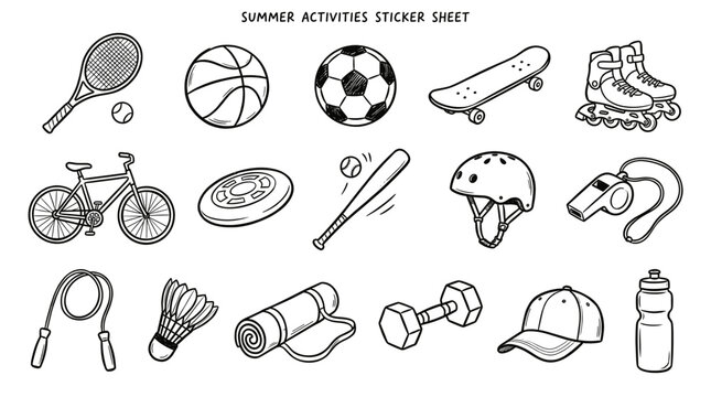 A collection of hand-drawn black and white illustrations of various summer sports and outdoor activity equipment, presented on a sticker sheet.