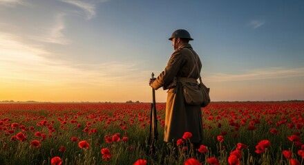 Fototapeta premium A silhouette of a lone soldier standing in a field of red poppies at sunset during wartime remembrance