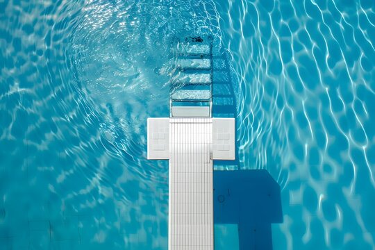 Sprungbrett im Pool von oben mit klarem Wasser und geometrischer Struktur