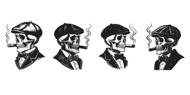 4 Gentleman Skull Smoking Cigar With Flat Cap Set