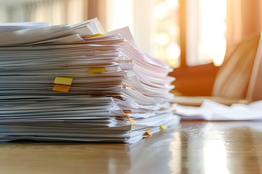 Seitlicher Papierstapel auf Schreibtisch im hellen B&uuml;ro mit Freiraum