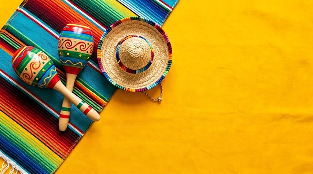 Traditional mexican straw sombrero hat with colorful striped serape blanket and maracas on bright yellow background top down view festive culture