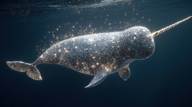 A narwhal swims gracefully underwater with shining lights reflecting off its body. Bubbles rise as it moves through the deep sea in its natural habitat.