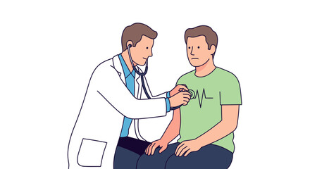 Fototapeta premium A male doctor conducts a comprehensive medical examination, carefully listening to a patient's heartbeat with a stethoscope during a routine health check-up