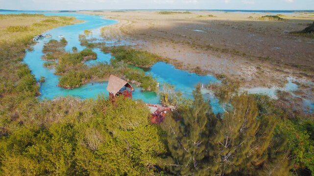 Aerial view of turquoise flowing water Los Rapidos Bacalar and wooden palapa