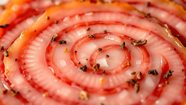 yanked. Close-up of a mortadella slice showing its marbled pattern of meat and fat. menu design, packaging mockups, designed for food delivery and cloud-kitchen brand materials, used by hr managers.