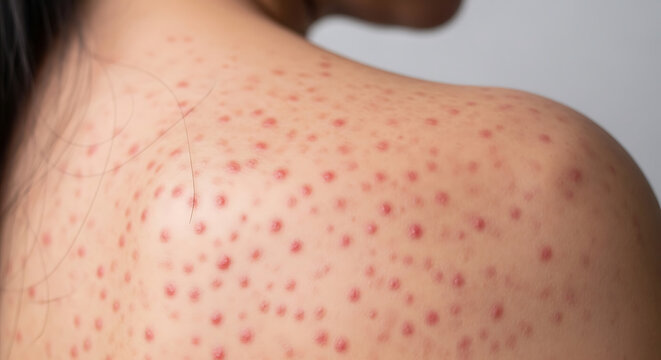 Close up of human skin with numerous red acne pimples and black hair bumps