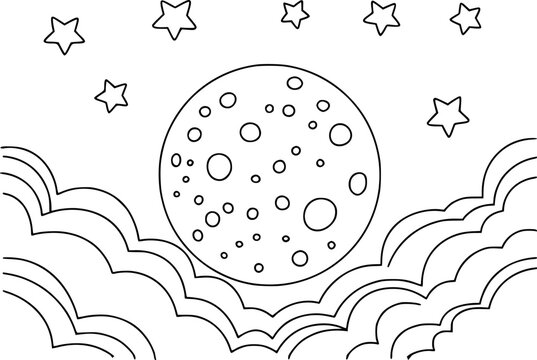 Black and white outline of a full moon with craters surrounded by stars and clouds