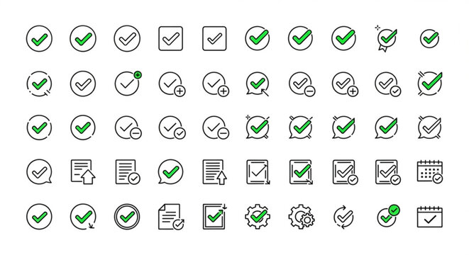 A collection of various green checkmark icons on white background