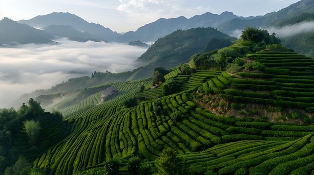 Beautiful mountain tea garden landscape morning high resolution image
