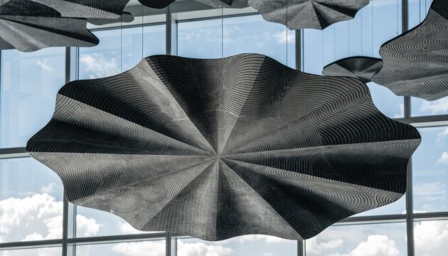 Close medium view of acoustic baffles with detailed laseretched designs emphasizing their functional beauty and modern interior application.