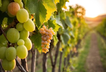 Fototapeta premium Golden clusters of grapes ready for harvest