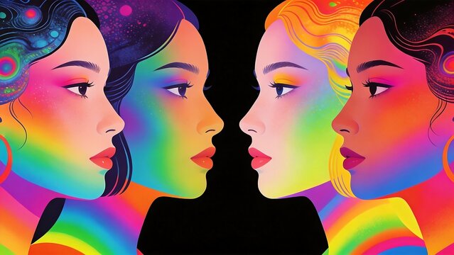 Four colorful female profiles facing each other