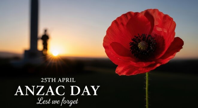 A respectful tribute to the fallen soldiers on anzac day with a vibrant red poppy at sunrise