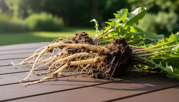 Pulling weeds from the garden with long taproots and soil attached on a wooden table representing a gardening maintenance concept for landscaping and backyard lawn care