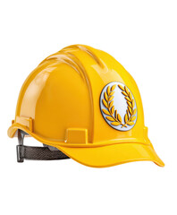 Fototapeta premium Hard hat with laurel badge worn by safety worker on construction site conveying pride and confidence