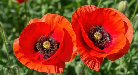 Obraz premium Two vibrant red poppy flowers blooming in a meadow with a soft green blurred background setting