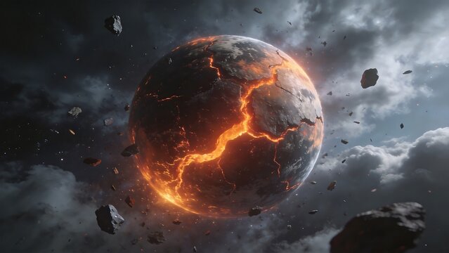 Exploding planet with lava cracks