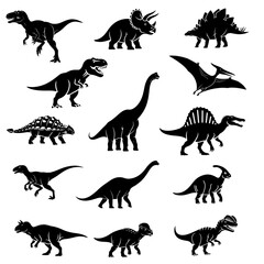 Obraz premium A captivating collection of diverse prehistoric dinosaur silhouettes, showcasing a variety of ancient reptiles from the Mesozoic Era, perfect for educational and creative projects