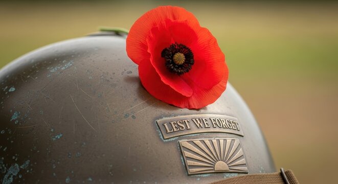 A symbolic remembrance poppy placed on a military helmet featuring the inscription lest we forget