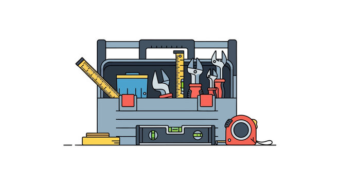 Open Toolbox with Construction and Repair Tools Flat Illustration. Professional DIY Maintenance and Home Improvement Tool Kit Vector Icon Isolated on White Background.