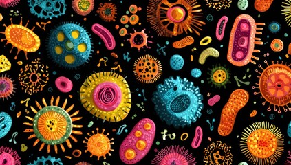 Fototapeta premium Colorful, detailed microscopic world of diverse microorganisms on a black background
