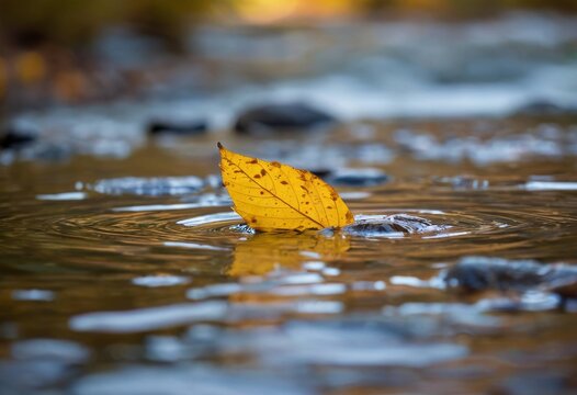 Vivid yellow fallen leaf floating on a river surface