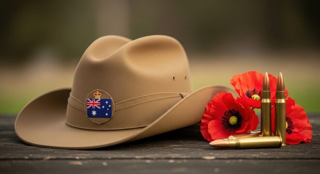 A traditional australian slouch hat with a poppy flower arrangement and bullets for remembrance