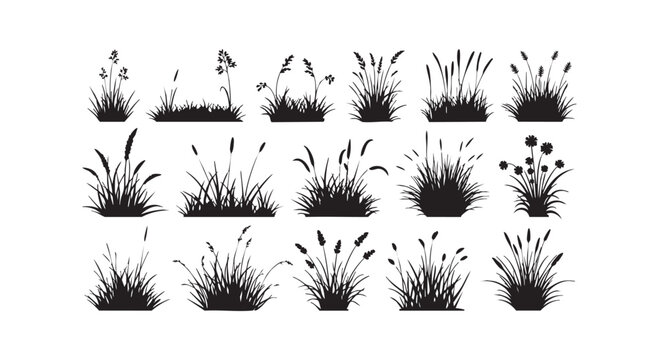 Various detailed black grass tuft silhouettes, depicting different shapes and sizes of natural plant clumps.