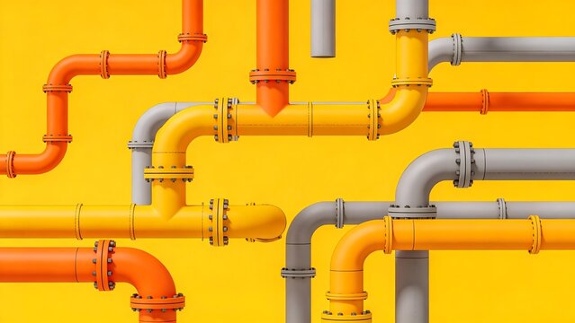 Colorful industrial pipes on yellow background