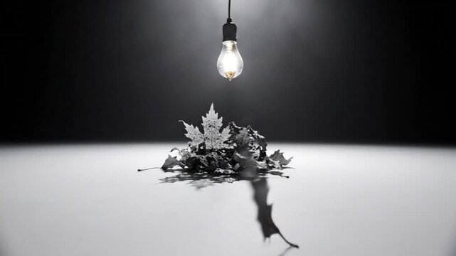 Black and white still life with a lit bulb over skeleton leaves on a white surface with shadows