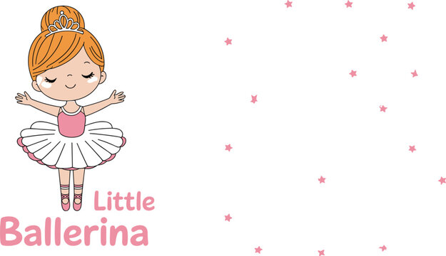 Little ballerina girl wearing pink tutu and tiara dancing with magic stars around her isolated on white background.