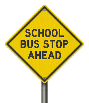 School Bus Stop Ahead yellow warning sign isolated on white