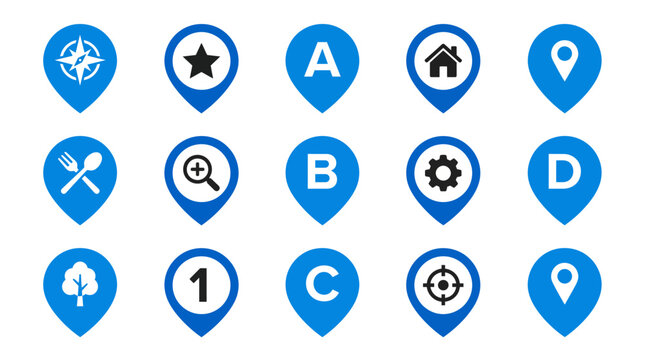 Collection of blue map pin location markers with various symbols including compass home star and navigation icons on white background, concept for digital map interface, navigation and tracking app