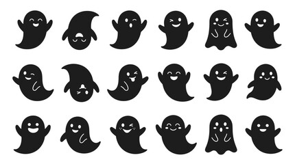 Fototapeta premium Set of cute ghost silhouettes with funny facial expressions isolated on white background, concept for Halloween party invitation, spooky seasonal wall decoration and nursery sticker design