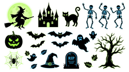 Fototapeta premium Spooky Halloween silhouette icon set with neon glow effects featuring witch, haunted castle, skeletons, pumpkin and bats, concept for holiday graphic design, party decor and sticker collection
