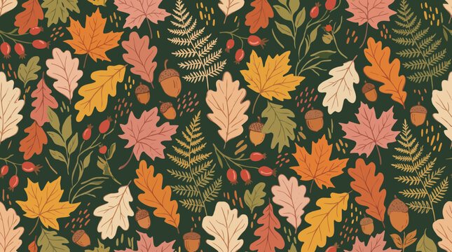 Seamless pattern of hand drawn autumn leaves acorns berries and ferns on dark green background, concept for textile printing, gift wrapping paper and seasonal backgrounds