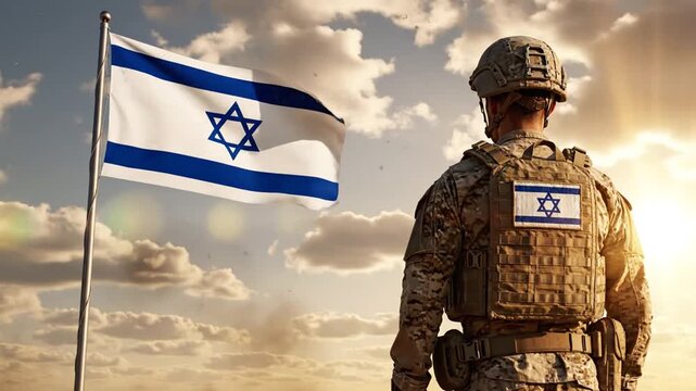 Soldier Standing Guard Next to Israeli Flag During Sunset with Dramatic Clouds