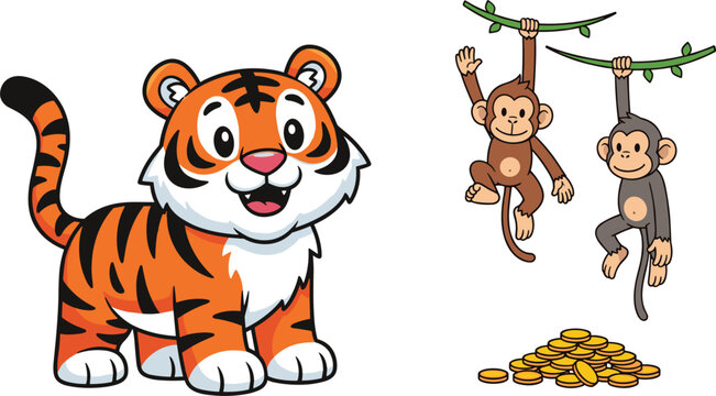 Cute Cartoon Baby Tiger Standing and Two Monkeys Hanging on Jungle Vine with Gold Coins Vector Illustration Set